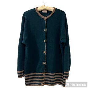 Sisley Womens Green Tan Striped Trim Button Cardigan Sweater Italy Est L XL